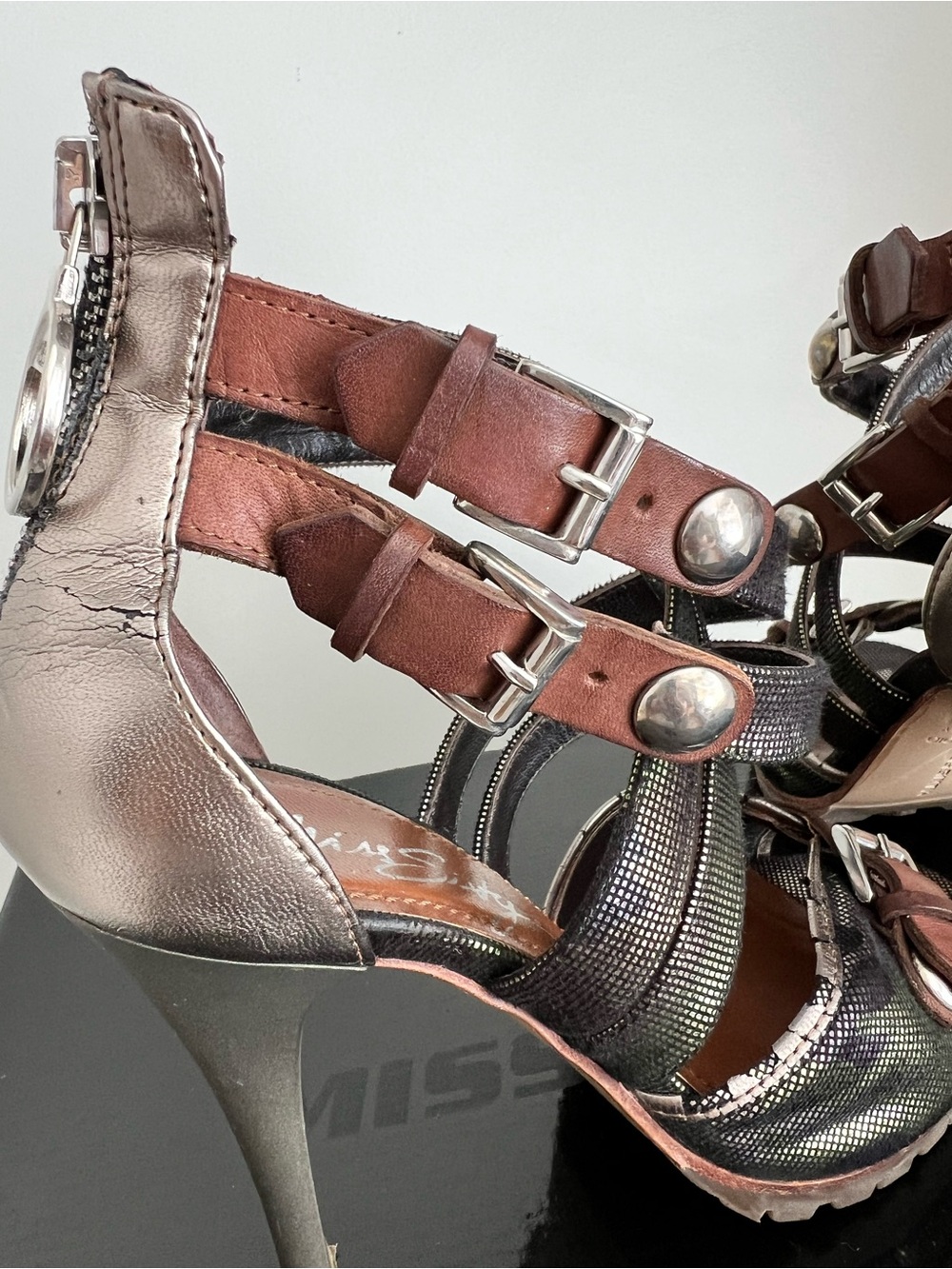 Miss Sixty Iridescent Black Strappy High Heel Sandals with Brown Accents - Picture 10 of 16